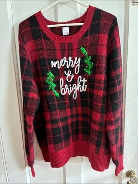 Holiday Time Red & Black Plaid 'Merry & Bright' Sequin Sweater